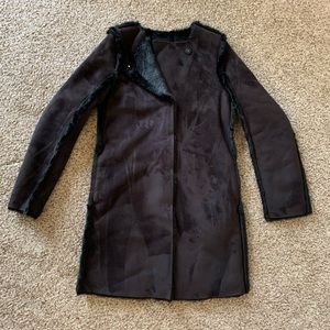 H&M black suede lined with black fur long coat, size 2